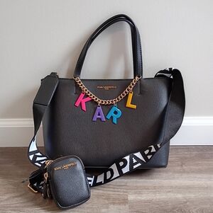 NWT Karl Lagerfeld Paris Black Vegan Leather Maybelle Charm Tote Crossbody Bag